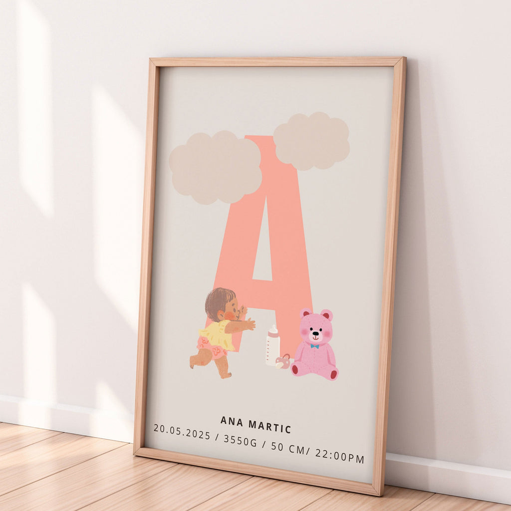 Framed artwork with a child's name and date of birth on a wooden floor.