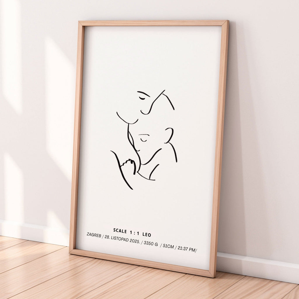 Framed minimalist line art print on a white wall with wooden floor