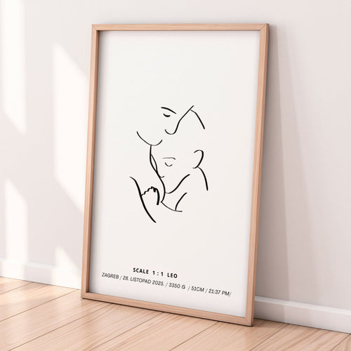 Framed minimalist line art print on a white wall with wooden floor